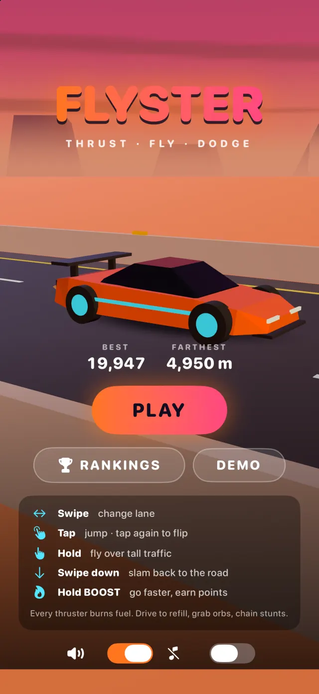 Flyster's title screen: an orange flying car on a desert highway at sunset