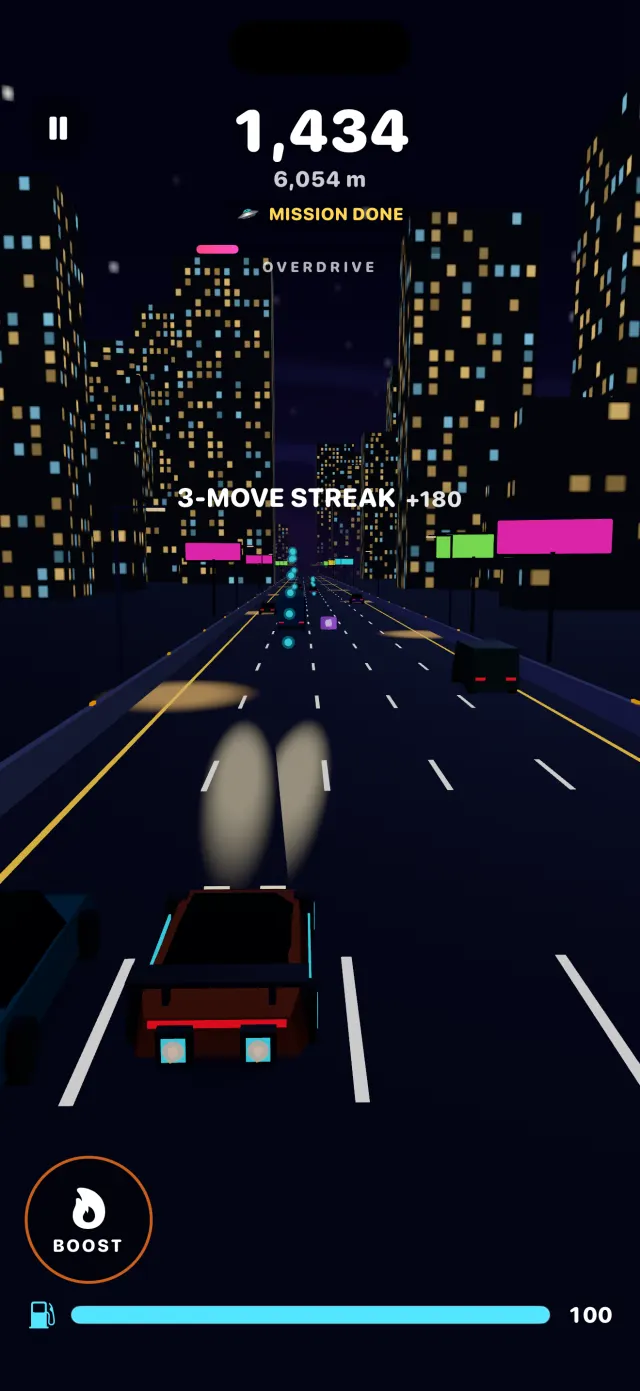 A five-lane highway through lit towers in Neon City